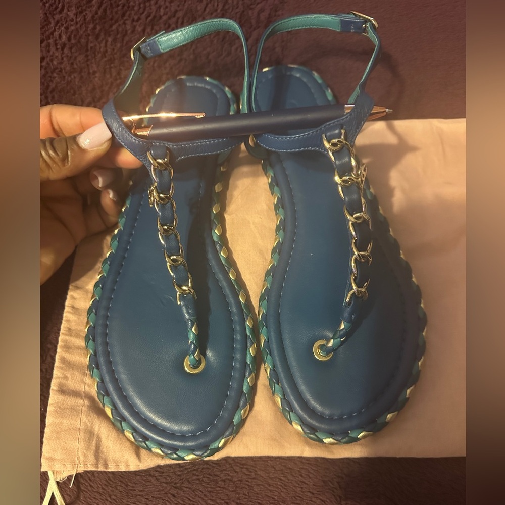 CHANEL Blue Sandals with Gold Chain
